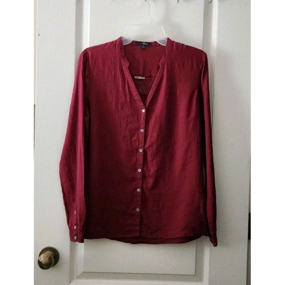 Mavi Womens Linen Blouse V-Neck‎ Long Sleeve Button Up Eyelet trim Burgundy Sz S
